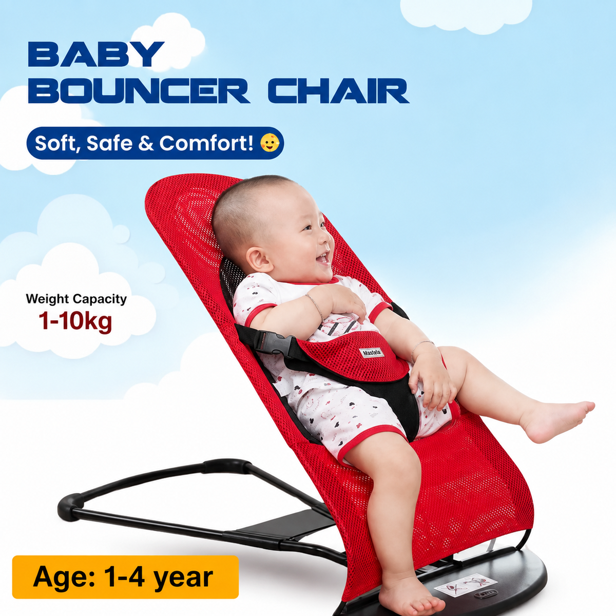 Foldable Baby Bouncer Chair with Safety Harness & Interactive Toy Bar كرسي هزاز قابل للطي للأطفال مع حزام أمان وقضيب ألعاب تفاعلي