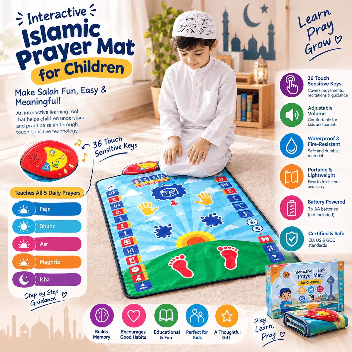 Interactive Islamic Prayer Mat for Kids – Learn Salah with 36 Touch-Sensitive Keys