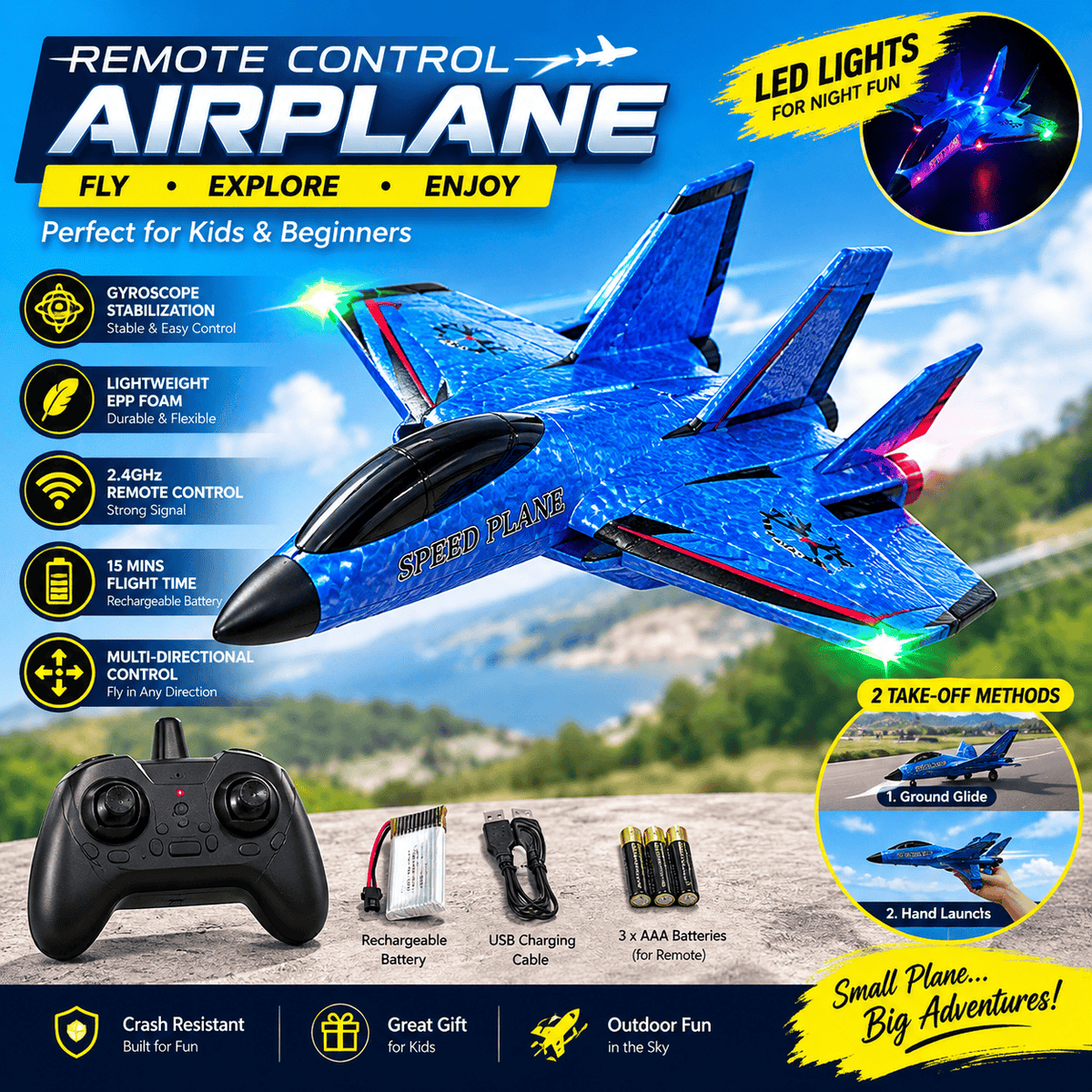 Remote Control Airplane with Gyroscope Stabilization & LED Lights طائرة تحكم عن بُعد مع نظام تثبيت جيروسكوبي وإضاءة LED